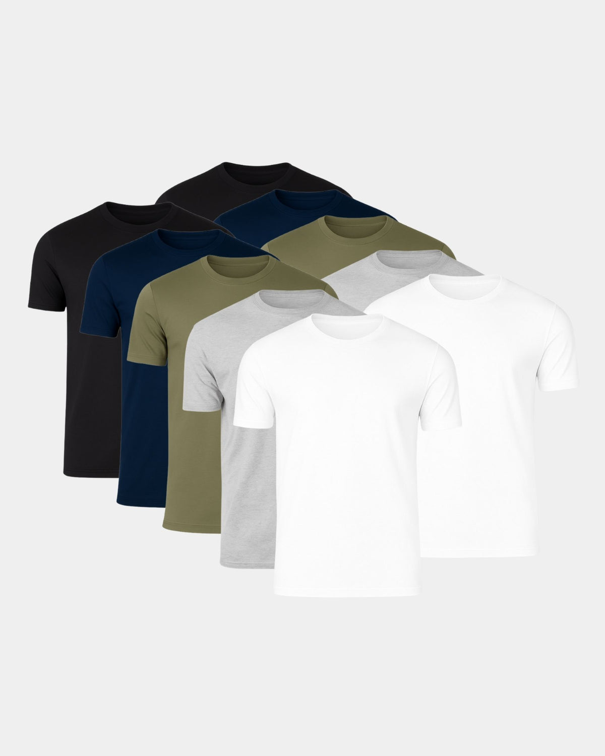 Grant Oak Smart Fit T-Shirt 10-Pack Mixed — six t-shirts in black, navy, olive green, light gray and white fanned out on a light gray background.
