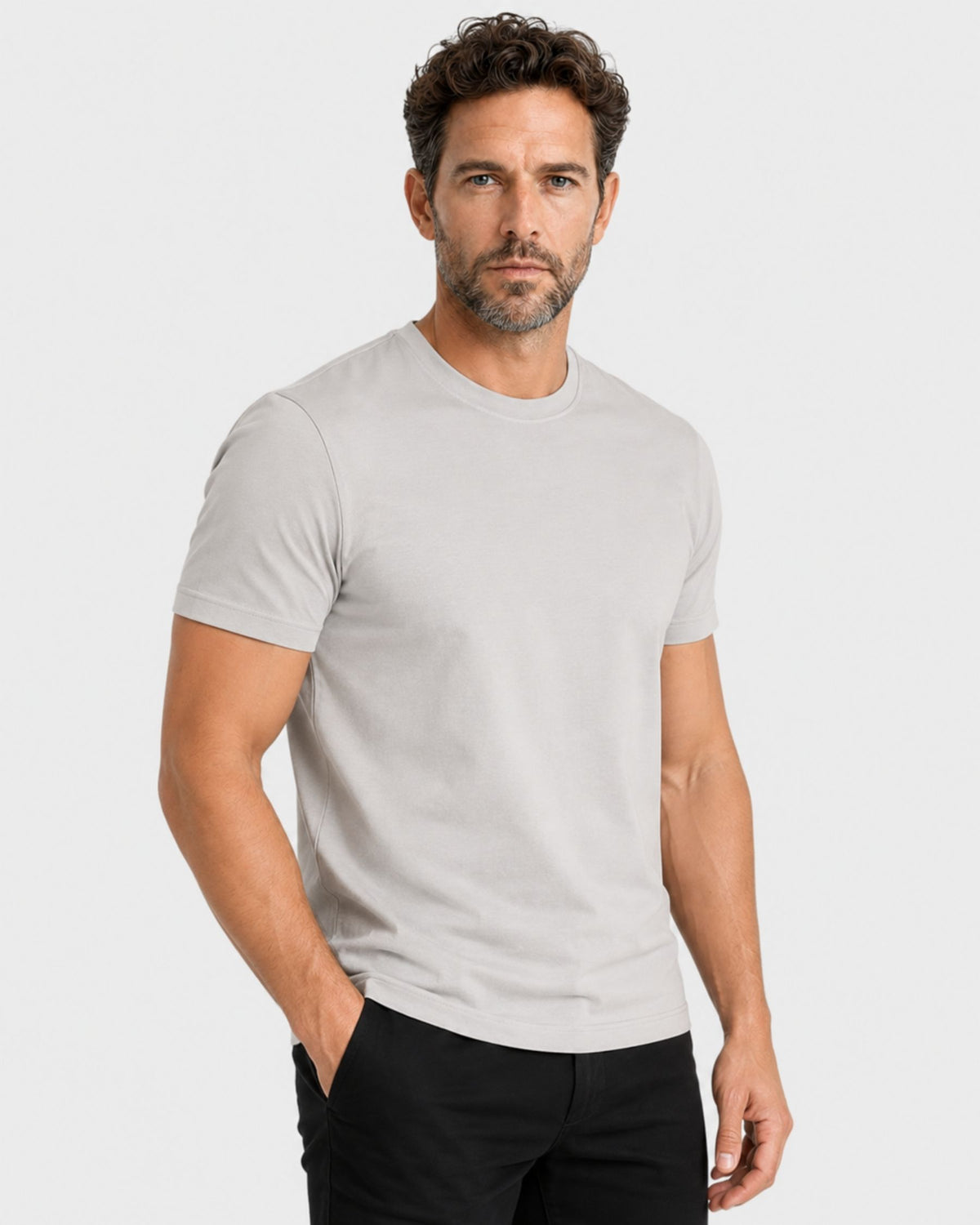 Grant Oak Smart Fit T-Shirt 10-Pack Mixed — man wearing the light gray t-shirt with black pants on white background.