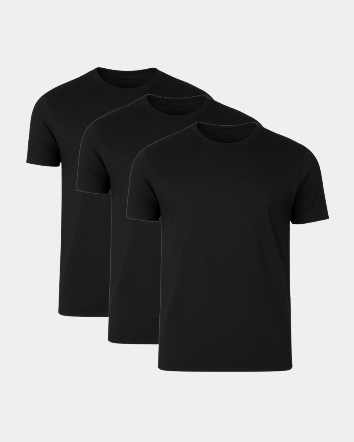 Grant Oak Smart Fit T-Shirt 3-Pack All Black — three black t-shirts stacked on a light gray background.