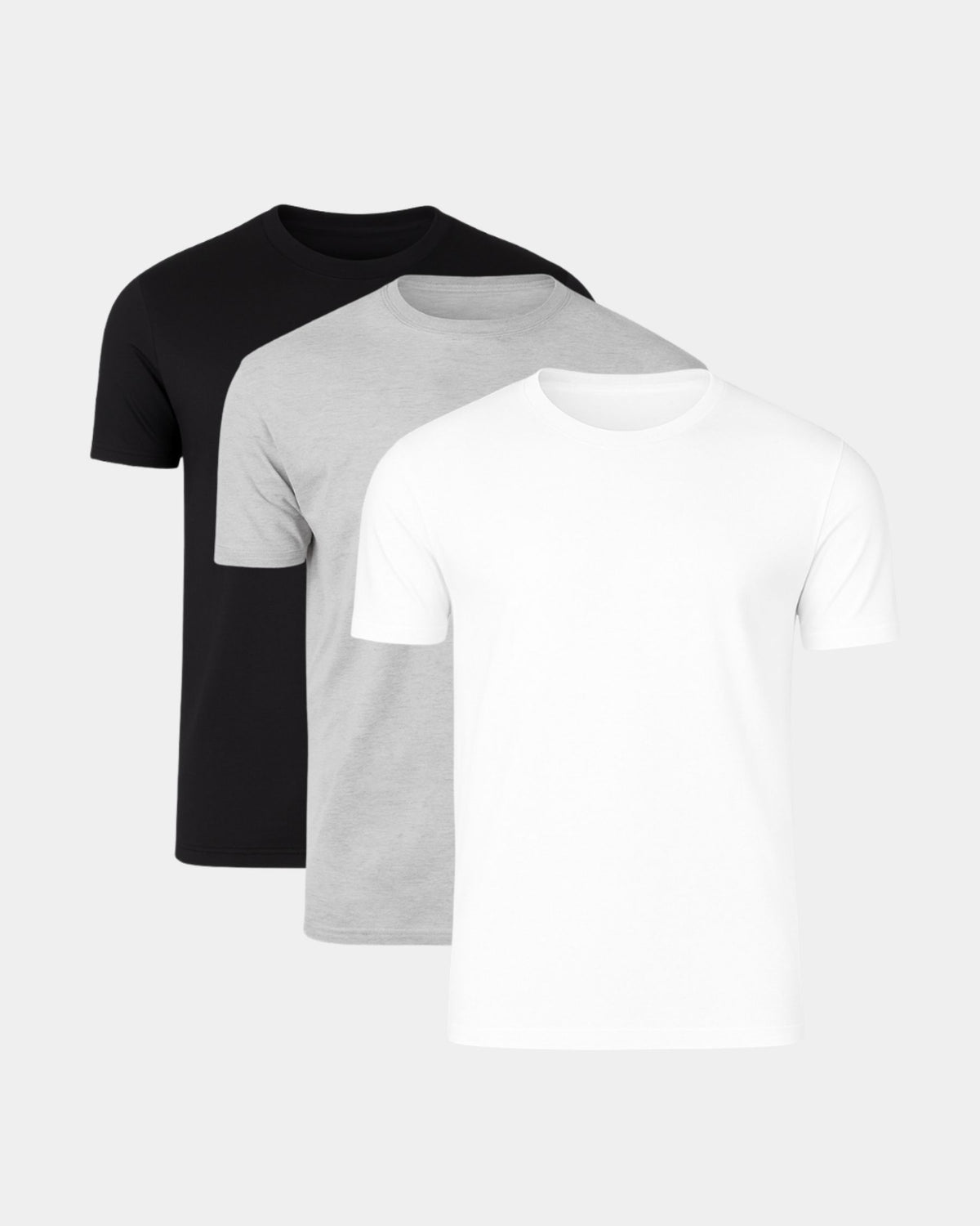 Grant Oak Smart Fit T-Shirt 3-Pack Basics — three t-shirts in black, light gray and white stacked on a light gray background.