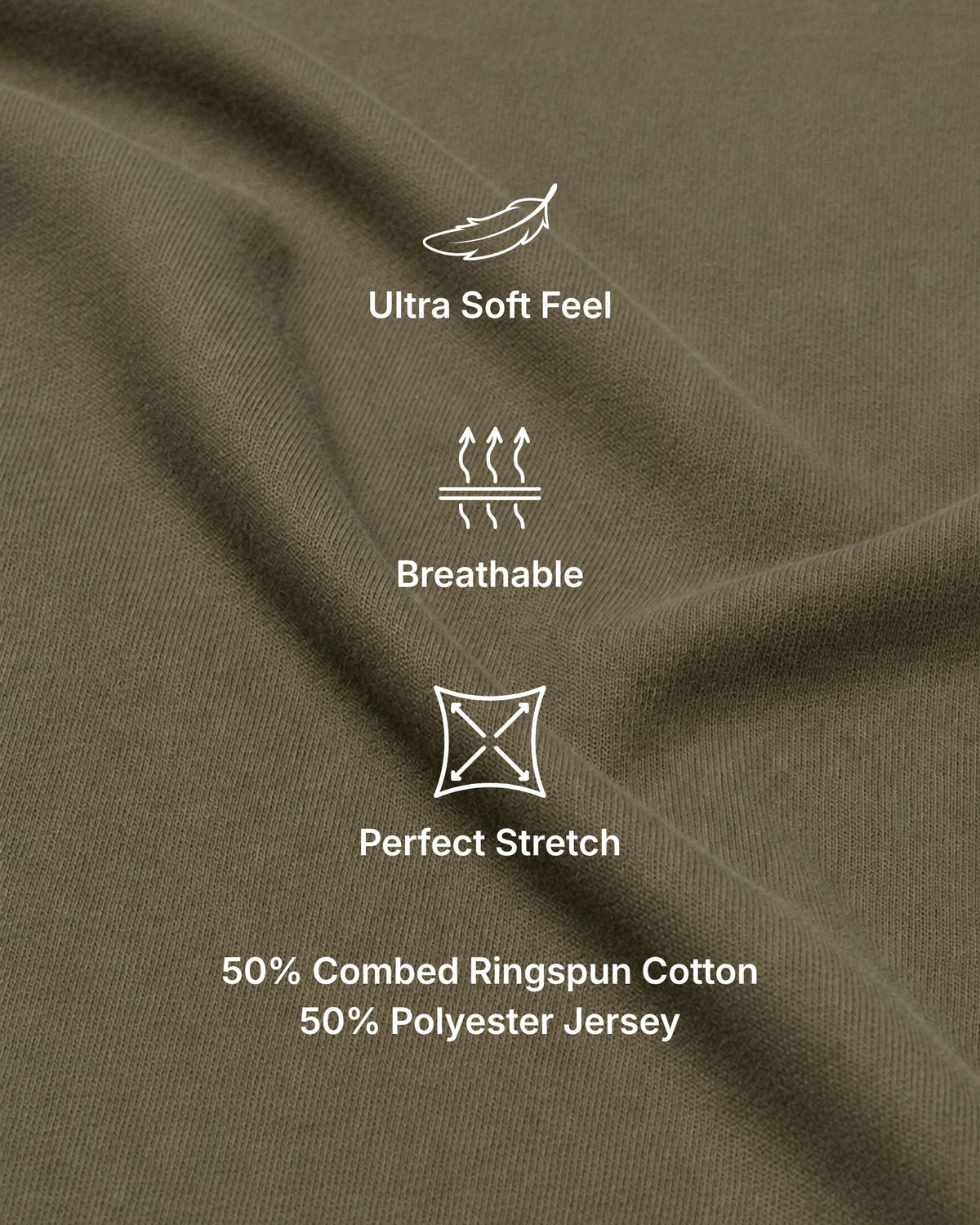 Grant Oak Smart Fit T-Shirt 3-Pack Mixed — olive green fabric close-up, ultra soft, breathable, 50% cotton 50% polyester jersey.
