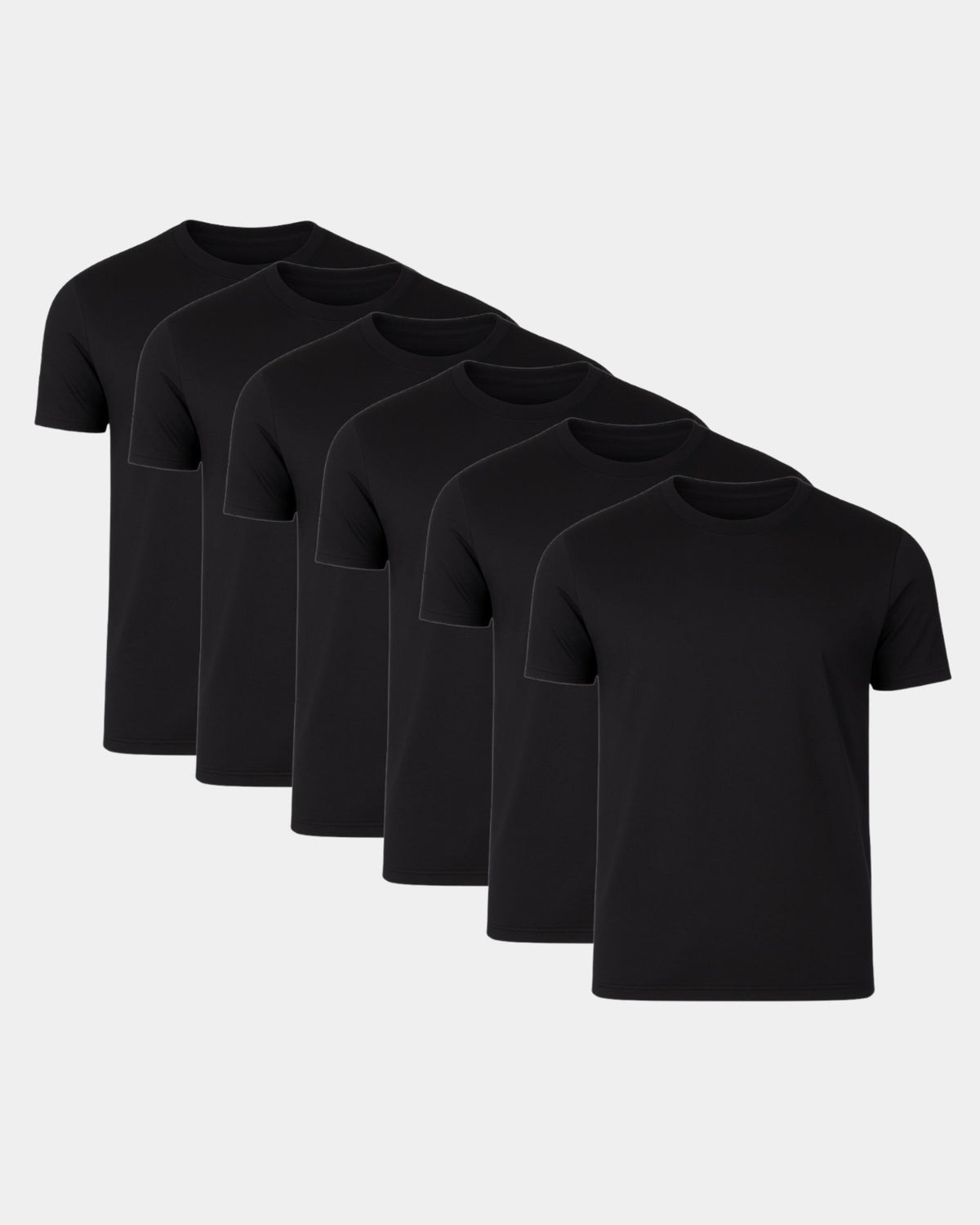 Grant Oak Smart Fit T-Shirt 6-Pack All Black — six black t-shirts arranged in a diagonal row on a light gray background.