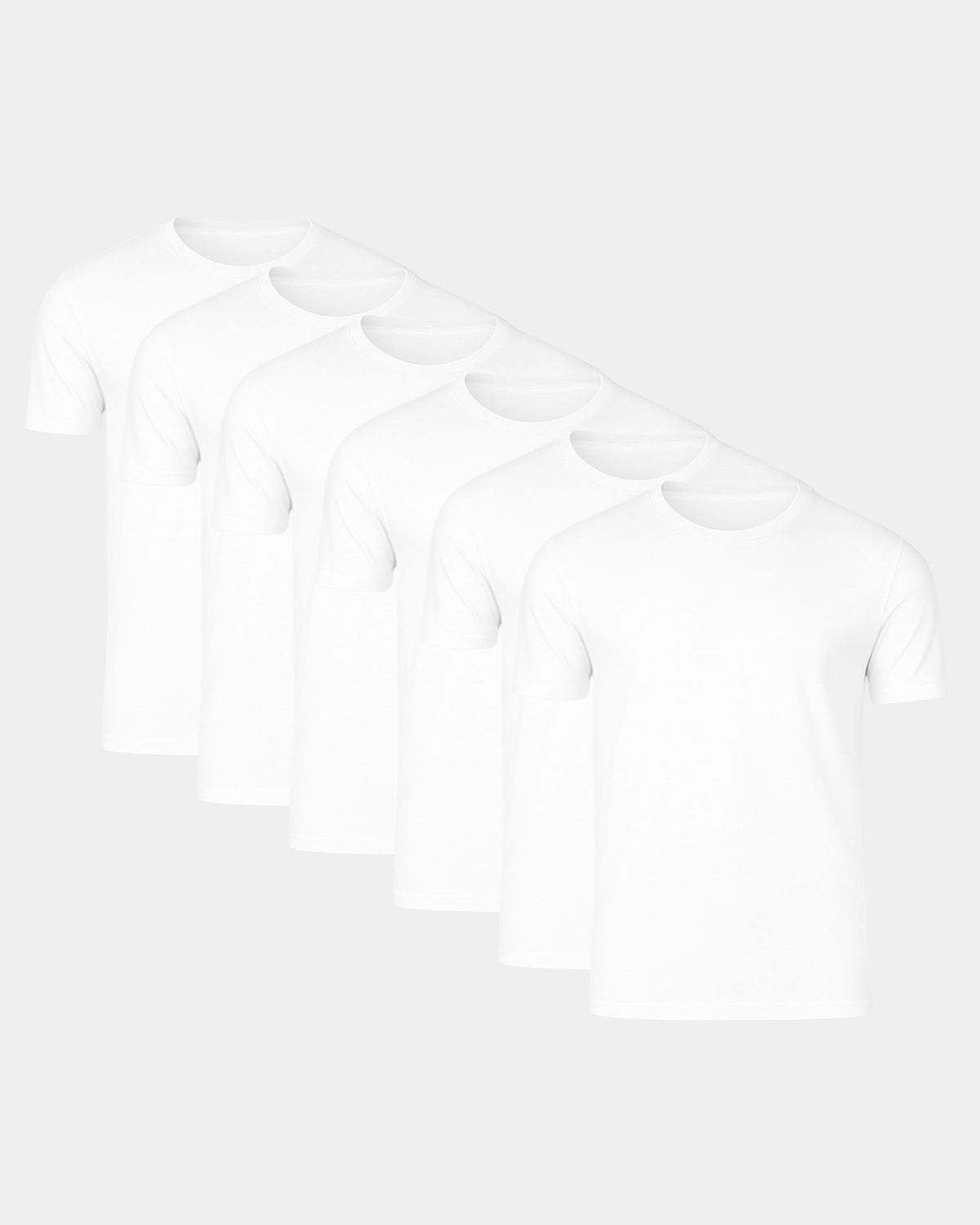 Grant Oak Smart Fit T-Shirt 6-Pack All White — five white t-shirts arranged in a staggered diagonal row on a light gray background.