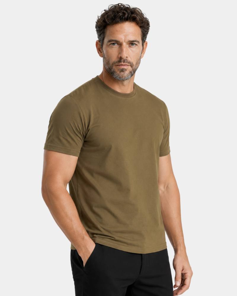 Grant Oak green Smart Fit T-Shirt on male model, three-quarter angle, gray background #Color_green