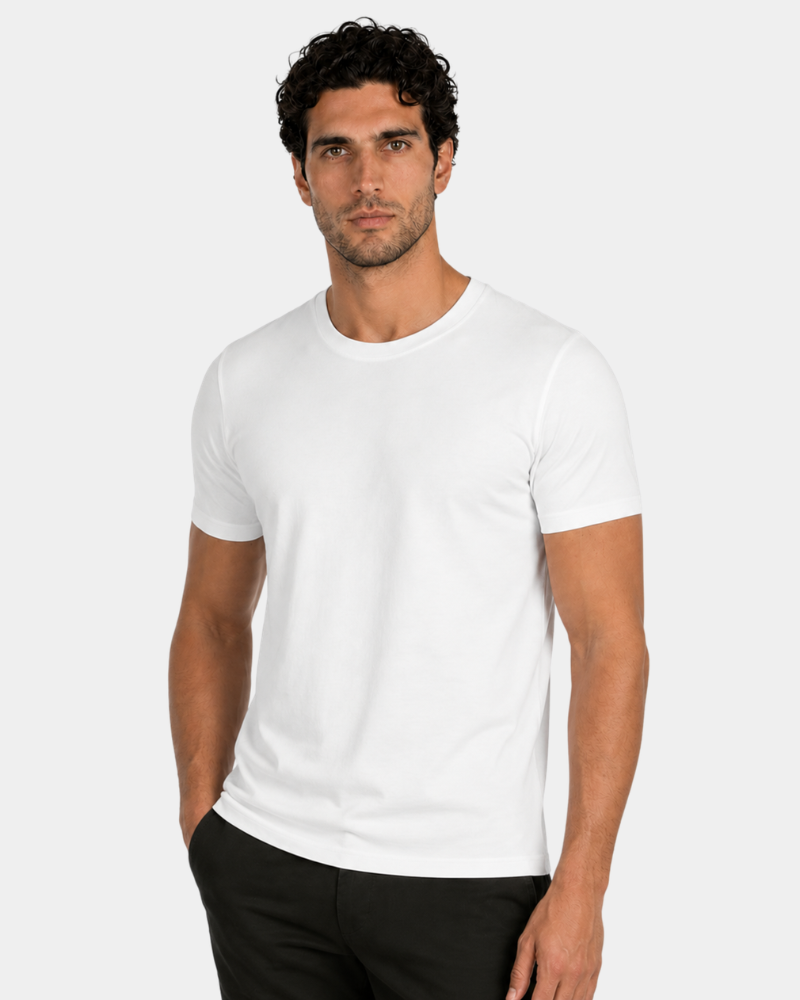 Grant Oak white crew neck t-shirt on male model, front view, gray background #Color_white 