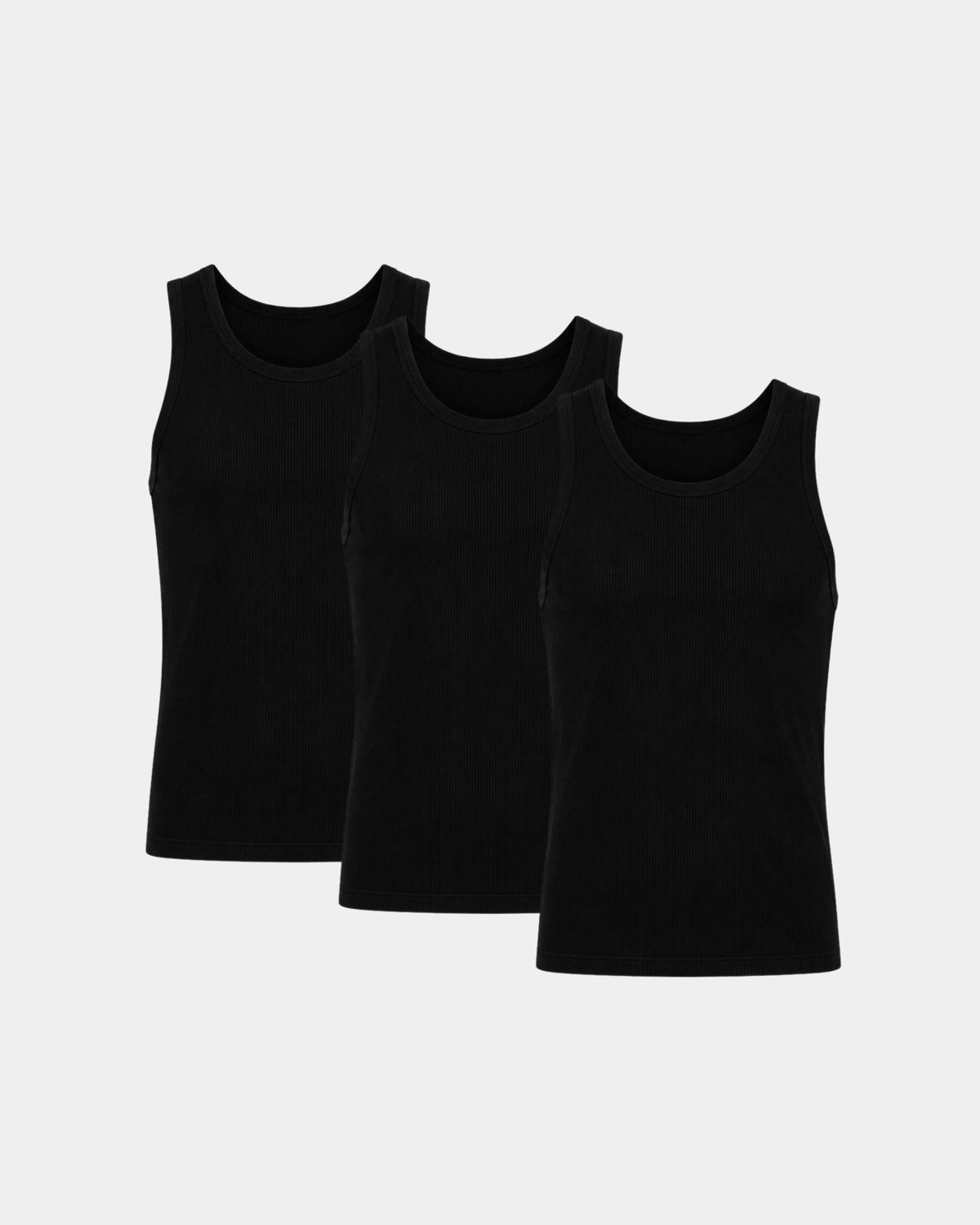 Grant Oak Smart Fit Tank 3-Pack All Black — three black tank tops arranged on a light gray background.