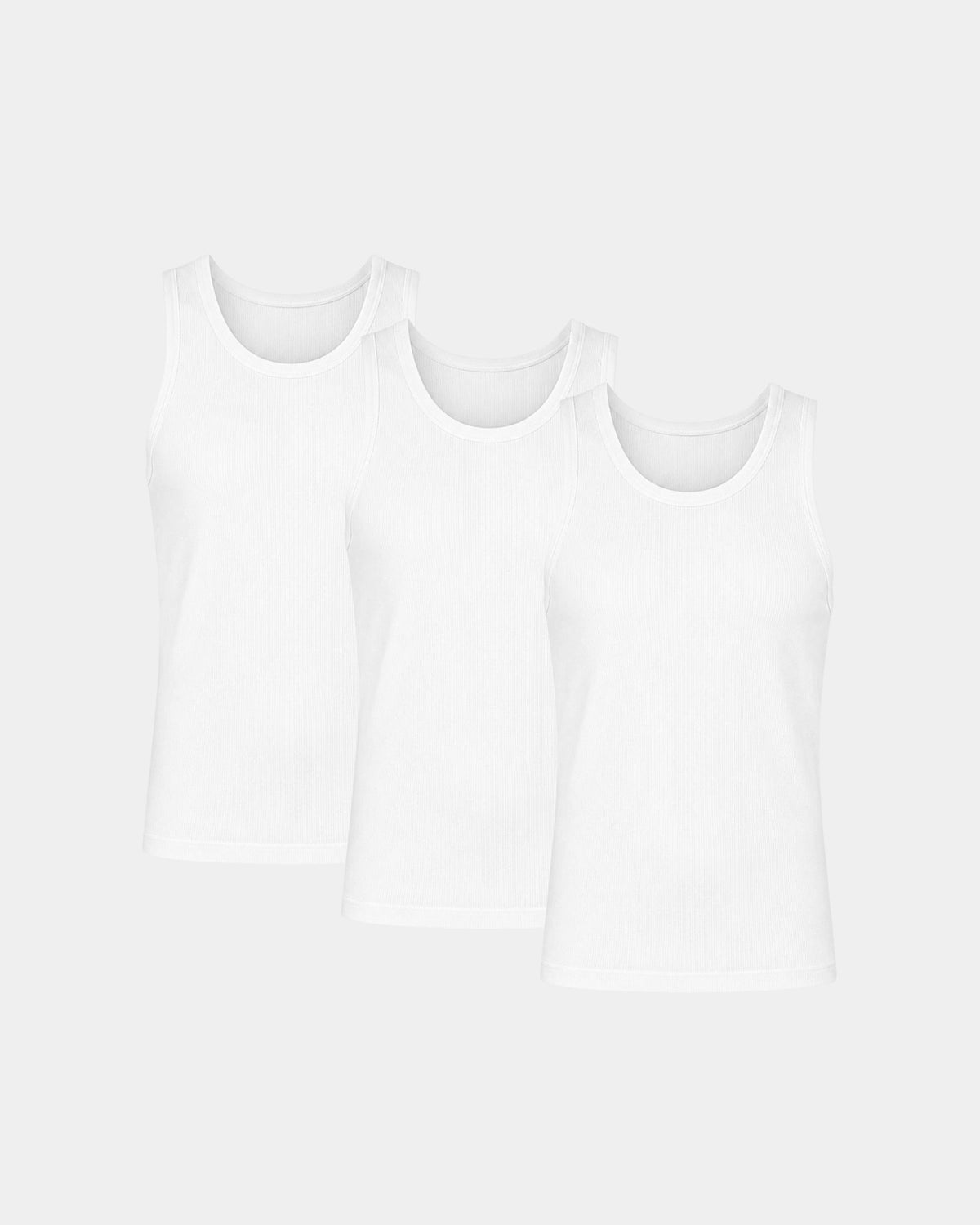 Grant Oak Smart Fit Tank 3-Pack All White — three white tank tops arranged on a light gray background.