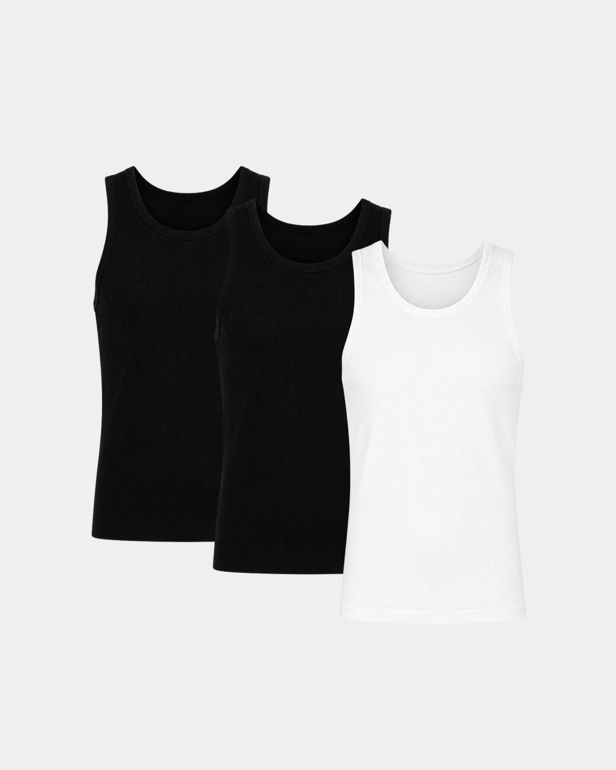 Grant Oak Smart Fit Tank 3-Pack Black & White — tank tops in black and white arranged on a light gray background.