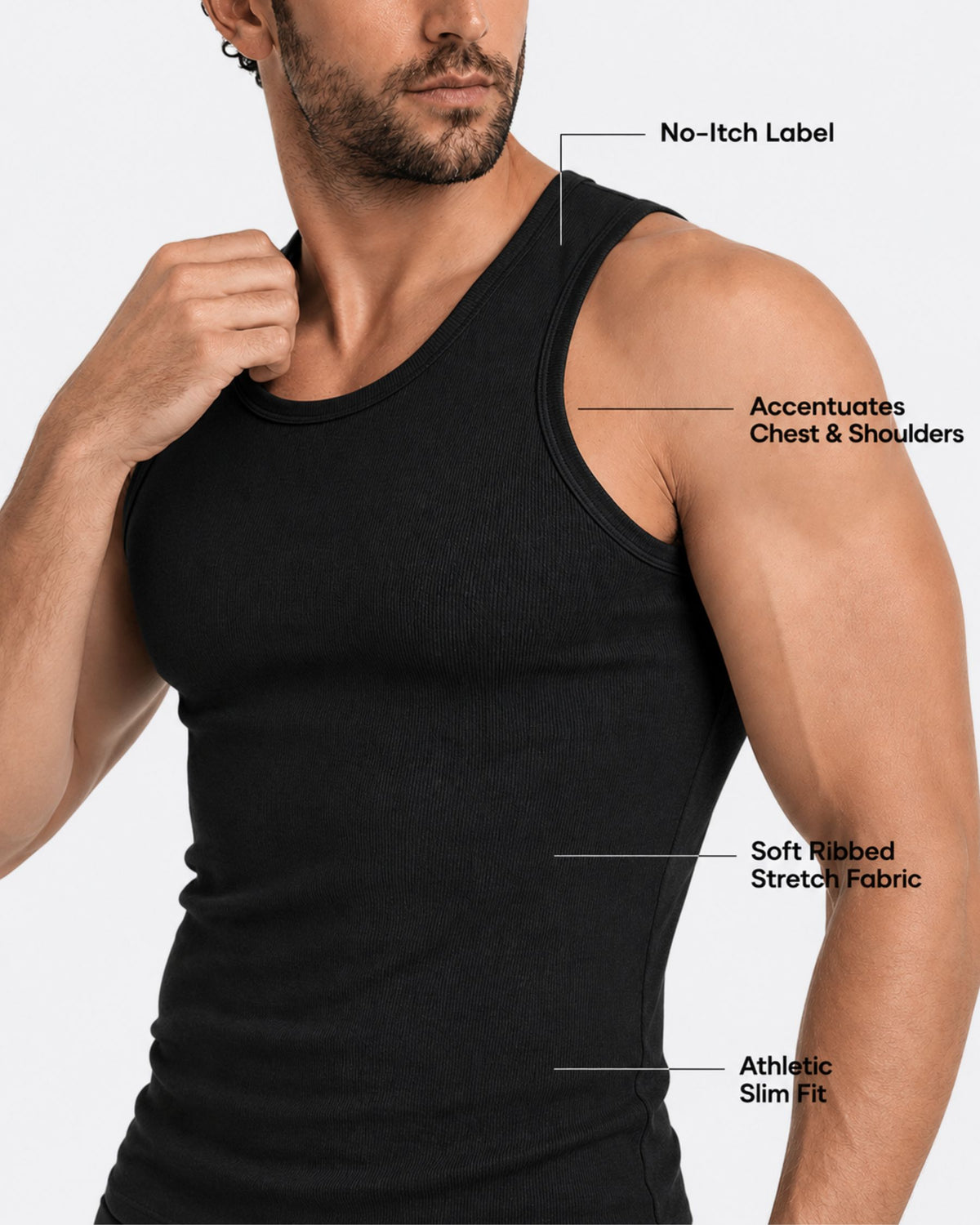 Grant Oak Smart Fit Tank 6-Pack All Black — man wearing a black ribbed tank top with callout details on no-itch label, chest and shoulder shaping, stretch fabric, and athletic slim fit.
