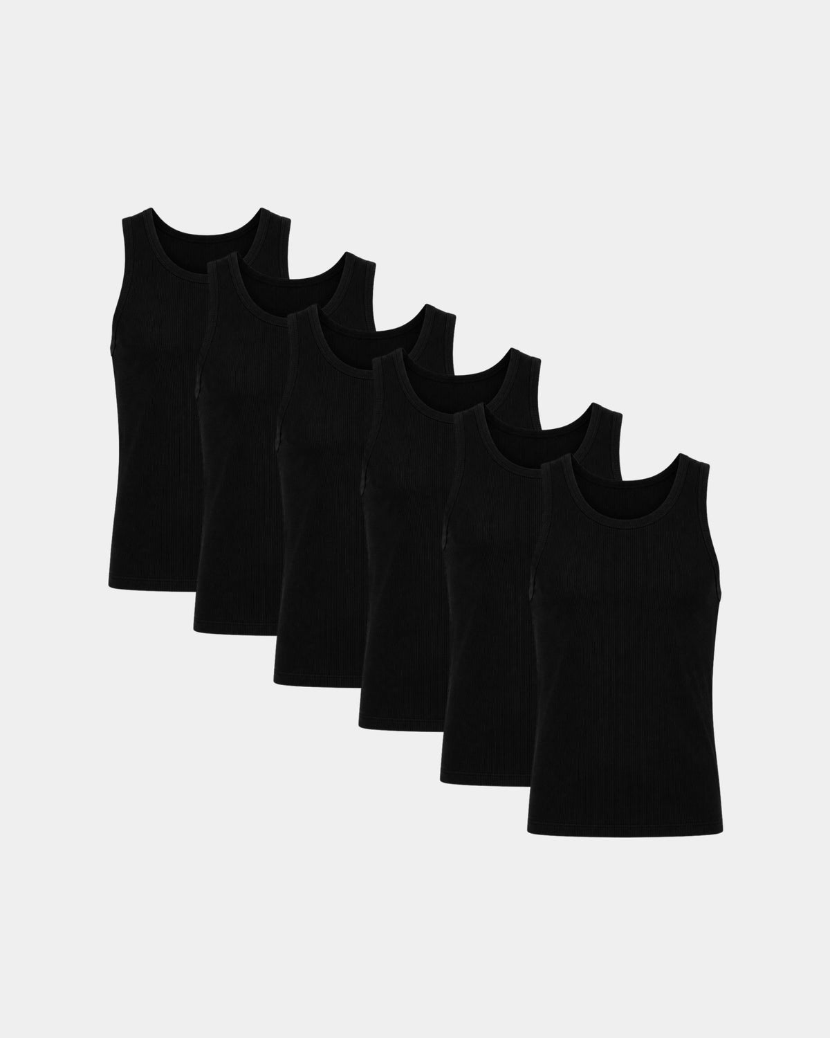 Grant Oak Smart Fit Tank 6-Pack All Black — six black ribbed tank tops arranged in a staggered diagonal row on a light gray background.
