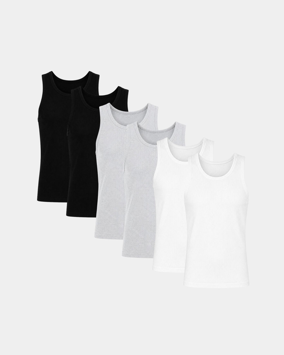 Grant Oak Smart Fit Tank 6-Pack Mixed — five sleeveless tank tops in black, light gray, and white, arranged in a staggered row on a light gray background.