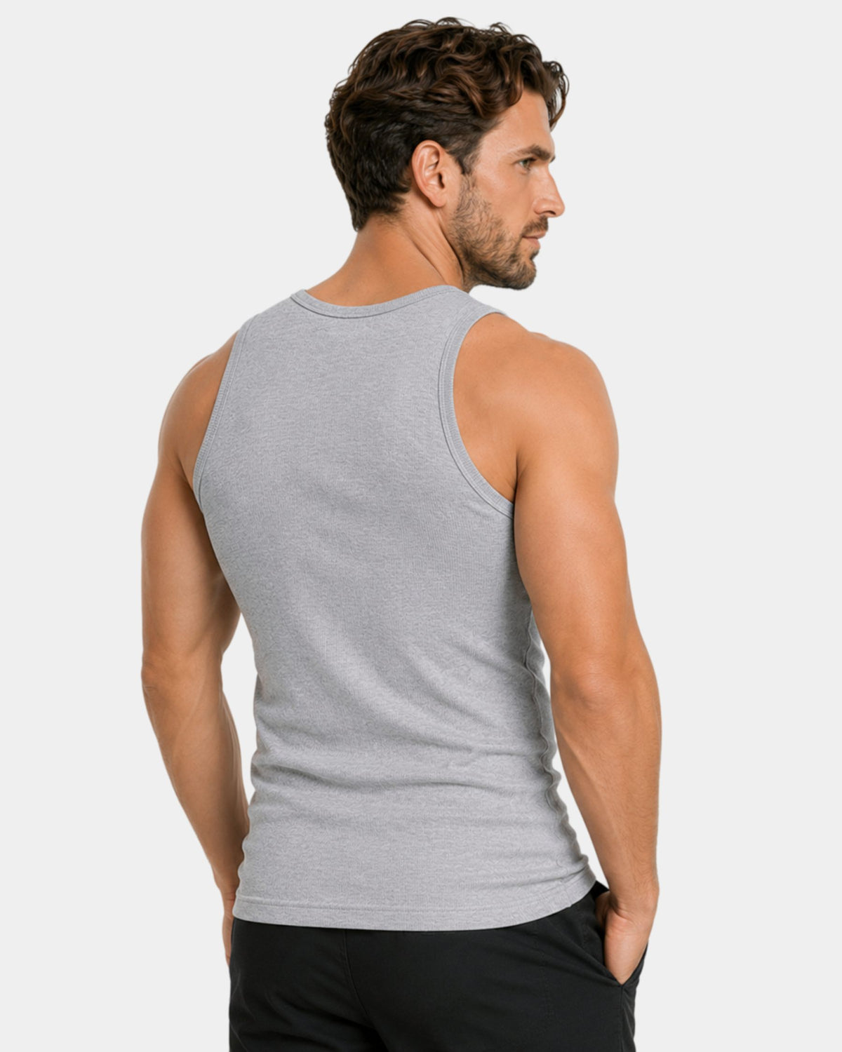 Grant Oak gray ribbed tank top on male model, back view upper body, light gray background #Color_light gray