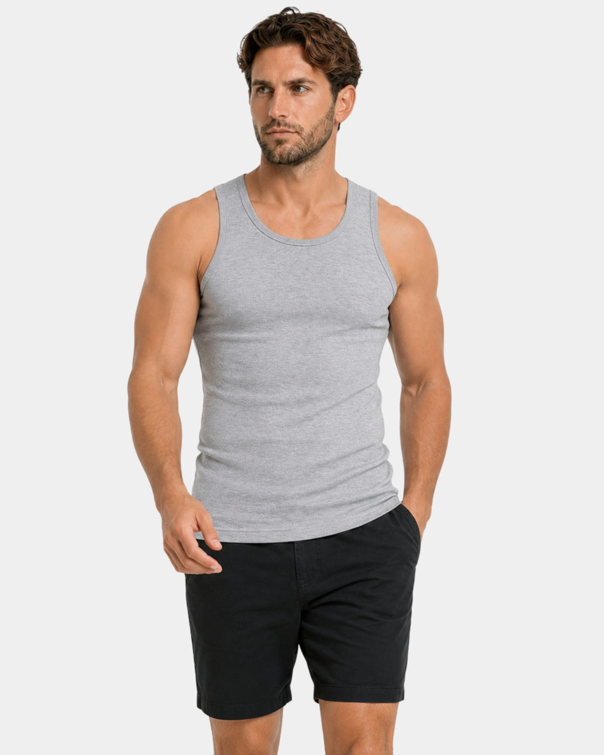 Grant Oak gray ribbed tank top on male model, three-quarter view full body, light gray background #Color_light gray